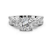 3 Stone Engagement Ring Setting for Cushion Cut Center with Pave Split Shank and Prong Head in Sterling Silver