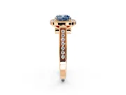 Halo Engagement Ring Setting for Fancy Blue Cushion Cut Center with Outer Bezel Rim, Pave Band and Prong Head in Rose Gold