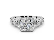 Solitaire Engagement Ring Setting for Princess Cut Center with Filigree Band and Prong Head in Platinum