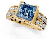 Bezel Engagement Ring Setting for Fancy Blue Princess Cut Center with Wide Channel-Set Band and Bezel Head in Yellow Gold