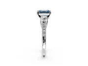 3 Stone Engagement Ring Setting for Fancy Blue Emerald Cut Center with Crossover Basket, Pave Band and Prong Head in White Gold