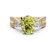 3 Stone Engagement Ring Setting for Fancy Yellow Oval Center with Pave Twist Band and Prong Head in Yellow Gold