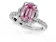Halo Engagement Ring Setting for Fancy Pink Emerald Cut Center with Openwork Halo, Pave Band and Prong Head in Platinum