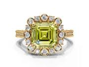 Milgrain Halo Engagement Ring Setting for Fancy Yellow Asscher Cut Center with Bezel Point Accents and Prong Head in Yellow Gold