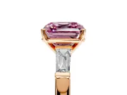3 Stone Engagement Ring Setting for Fancy Pink Asscher Cut Center with Tapered Baguettes, Plain Band and Prong Head in Rose Gold