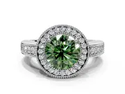 Milgrain Halo Engagement Ring Setting for Fancy Green Round Cut Center with Pave Band and Prong Head in White Gold