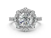 Milgrain Halo Engagement Ring Setting for Round Cut Center with Bezel Point Accents and Prong Head in Platinum