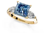 3 Stone Engagement Ring Setting for Fancy Blue Princess Cut Center with Large Pear-Shaped Accents and Prong Head in Yellow Gold
