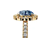Pave Halo Engagement Ring Setting for Fancy Blue Round Cut Center with Single Row Pave Band and Prong Head in Yellow Gold