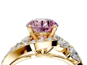 Halo Engagement Ring Setting for Fancy Pink Round Cut Center with Marquise and Pave Bypass Band and Prong Head in Yellow Gold