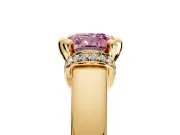 Solitaire Engagement Ring Setting for Fancy Pink Cushion Cut Center with Wide Band, Pave Collar and Prong Head in Yellow Gold