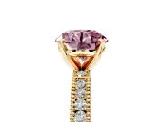 Solitaire Engagement Ring Setting for Fancy Pink Round Cut Center with Milgrain-Edged Pave Band and Prong Head in Yellow Gold