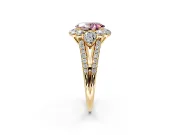 Halo Engagement Ring Setting for Fancy Pink Oval Center with Two-Strand Split Shank and Prong Head in Yellow Gold