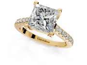 Solitaire Engagement Ring Setting for Princess Cut Center with Widening Pave Band and Claw Prong Head in Yellow Gold