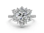 Floral Halo Engagement Ring Setting for Heart-Shaped Center with Pave Accents and Prong Head in Sterling Silver
