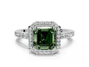 Halo Engagement Ring Setting for Fancy Green Asscher Cut Center with Inner Milgrain Border and Prong Head in Sterling Silver