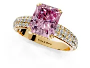 Solitaire Engagement Ring Setting for Fancy Pink Radiant Cut Center with Multi-Row Pave Accents and Basket Head in Yellow Gold