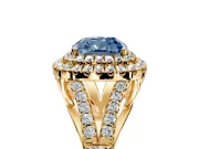 Double Halo Engagement Ring Setting for Fancy Blue Cushion Cut Center with Narrow Pave Split Shank and Prong Head in Yellow Gold