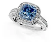 Halo Engagement Ring Setting for Fancy Blue Cushion Cut Center with Framed Halo, Pave Band and Prong Head in Platinum