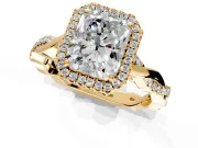 Halo Engagement Ring Setting for Radiant Cut Center with Pave and Plain Twist Band and Prong Head in Yellow Gold