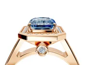 Halo Engagement Ring Setting for Fancy Blue Emerald Cut Center with Outer Bezel Rim, Pave Band and Prong Head in Rose Gold