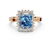 Starburst Halo Engagement Ring Setting for Fancy Blue Radiant Cut Center with Flat Cathedral Band and Prong Head in Rose Gold
