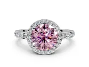 Halo Engagement Ring Setting for Fancy Pink Round Cut Center with Heart-Shaped Openwork, Pave Band and Prong Head in White Gold