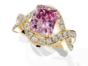 Halo Engagement Ring Setting for Fancy Pink Radiant Cut Center with Pave Infinity Twist Band and Prong Head in Yellow Gold