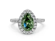 Halo Engagement Ring Setting for Fancy Green Pear-Shaped Center with Narrowing Pave Band and Prong Head in White Gold