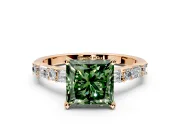 Baguette Engagement Ring Setting for Fancy Green Princess Cut Center with Alternating Bar-Set Band and Prong Head in Rose Gold