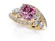 Halo Engagement Ring Setting for Fancy Pink Cushion Cut Center with Marquise and Pave Bypass Band and Prong Head in Yellow Gold