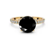 Hidden Halo Engagement Ring Setting for Fancy Black Round Cut Center with Pave Band and Prong Head in Yellow Gold