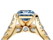 Solitaire Engagement Ring Setting for Fancy Blue Asscher Cut Center with Pave Cathedral Shoulders and Prong Head in Yellow Gold