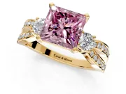 3 Stone Engagement Ring Setting for Fancy Pink Princess Cut Center with Pave Twist Band and Prong Head in Yellow Gold