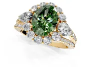 Halo Engagement Ring Setting for Fancy Green Oval Center with Two-Strand Split Shank and Prong Head in Yellow Gold