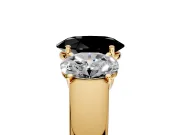 3 Stone Engagement Ring Setting for Fancy Black Oval Center with Raised Basket Heads and Prong Head in Yellow Gold