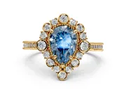 Milgrain Halo Engagement Ring Setting for Fancy Blue Pear-Shaped Center with Bezel Point Accents and Prong Head in Yellow Gold