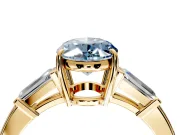 3 Stone Engagement Ring Setting for Fancy Blue Oval Center with Baguette Accents and Prong Head in Yellow Gold