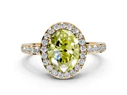 Halo Engagement Ring Setting for Fancy Yellow Oval Center with Heart-Shaped Openwork, Pave Band and Prong Head in Yellow Gold