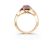 Halo Engagement Ring Setting for Fancy Pink Radiant Cut Center with Pave Split Shank and Prong Head in Rose Gold