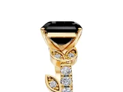Leaf Motif Engagement Ring Setting for Fancy Black Asscher Cut Center with Pave Band and Prong Head in Yellow Gold