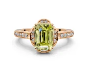 Floral Engagement Ring Setting for Fancy Yellow Emerald Cut Center with Four Accent Clusters and Prong Head in Rose Gold