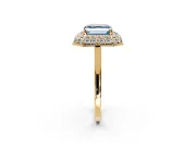 Halo Engagement Ring Setting for Fancy Blue Asscher Cut Center with Plain Tapered Band and Prong Head in Yellow Gold
