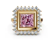 Halo Engagement Ring Setting for Fancy Pink Princess Cut Center with Milgrain Bezel Rim, Plain Band and Prong Head in Yellow Gold