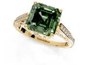 Cathedral Engagement Ring Setting for Fancy Green Asscher Cut Center with Antique-Style Pave Band and Prong Head in Yellow Gold