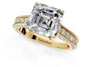 Solitaire Engagement Ring Setting for Asscher Cut Center with Milgrain-Framed Pave Band and Prong Head in Yellow Gold