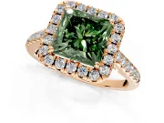 Halo Engagement Ring Setting for Fancy Green Princess Cut Center with Raised Halo, Pave Band and Prong Head in Rose Gold
