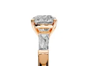 3 Stone Engagement Ring Setting for Cushion Cut Center with Tapered Baguettes, Plain Band and Prong Head in Rose Gold
