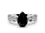 Leaf Engagement Ring Setting for Fancy Black Pear-Shaped Center with Milgrain Accent Band and Prong Head in White Gold