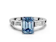 Bar-Set Engagement Ring Setting for Fancy Blue Emerald Cut Center with Tapered Baguette Accents and Prong Head in White Gold